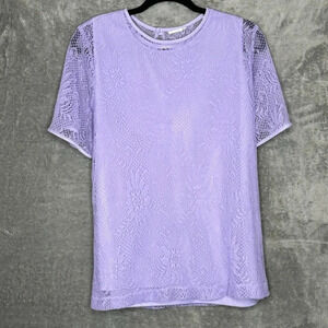 Primark XL Shirt Top Purple Floral Flower Lace Round Neck Button Back Casual